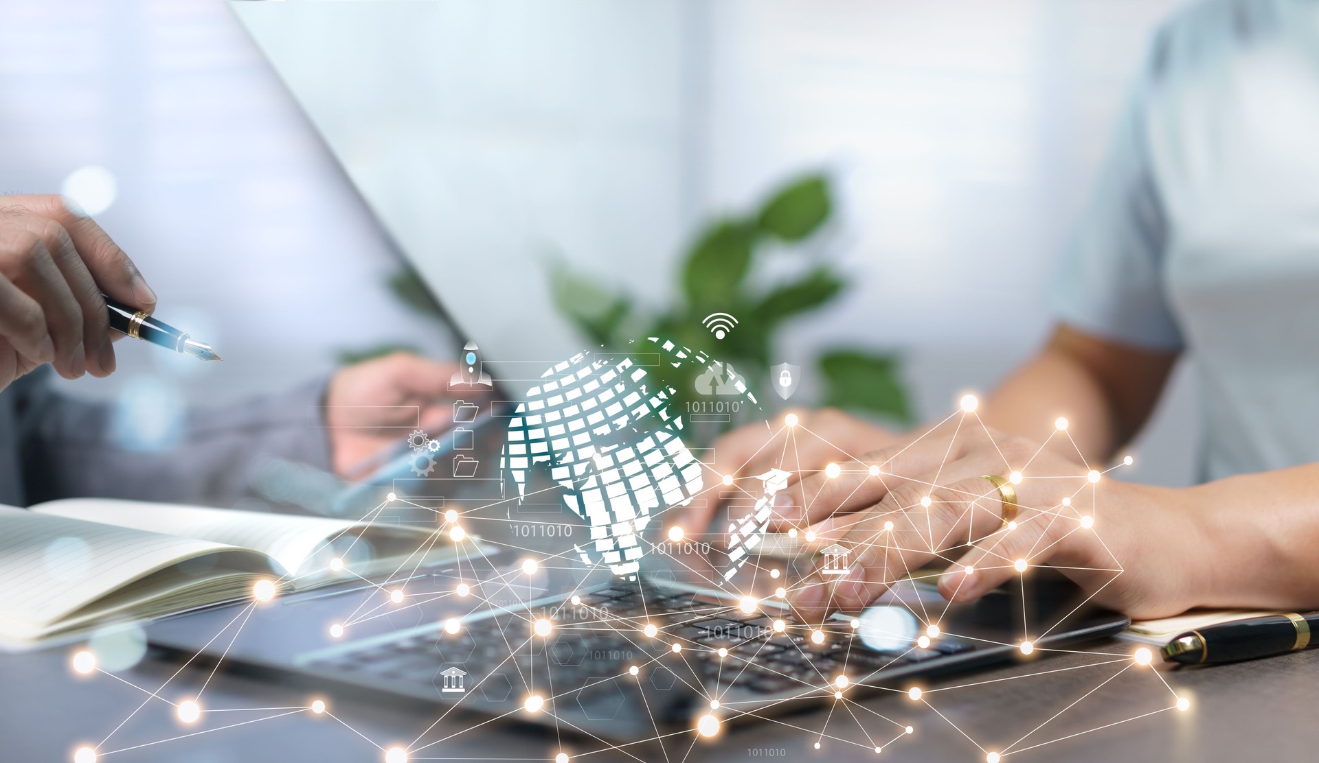 Wireless technology networks link data to each other. A world of borderless communication. Business people from all over the world can meet through laptop devices as if they were in the same office.