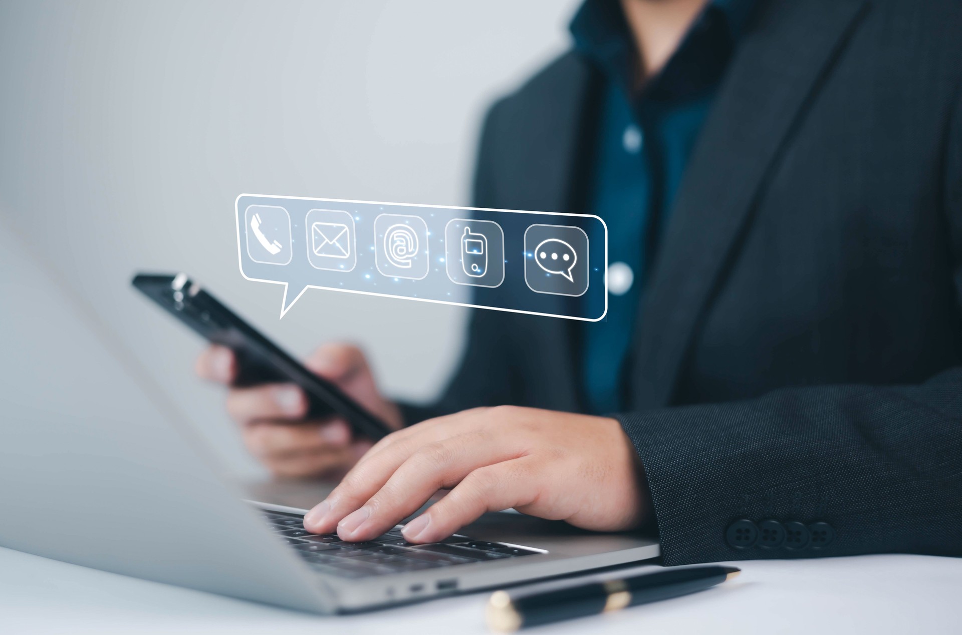 Contact customer support. Businessman use smartphone select an icon (address, phone, email, call) help from mail websites. mobile communication contact service digital technology, Provide assistance