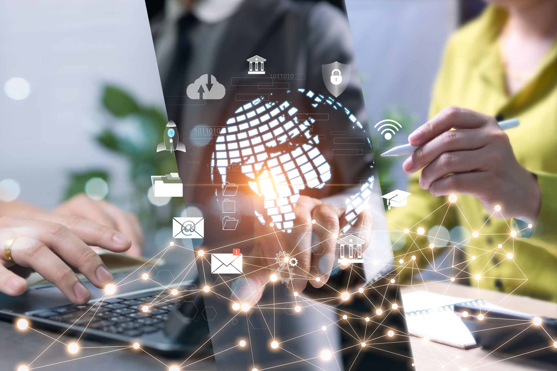 The concept of borderless communication, secure connection via the internet, can be used for business discussions or contacting investors and banks efficiently, meeting and talking via laptop devices. The concept of borderless communication, secure connection via the internet, can be used for business discussions or contacting investors and banks efficiently, meeting and talking via laptop devices.